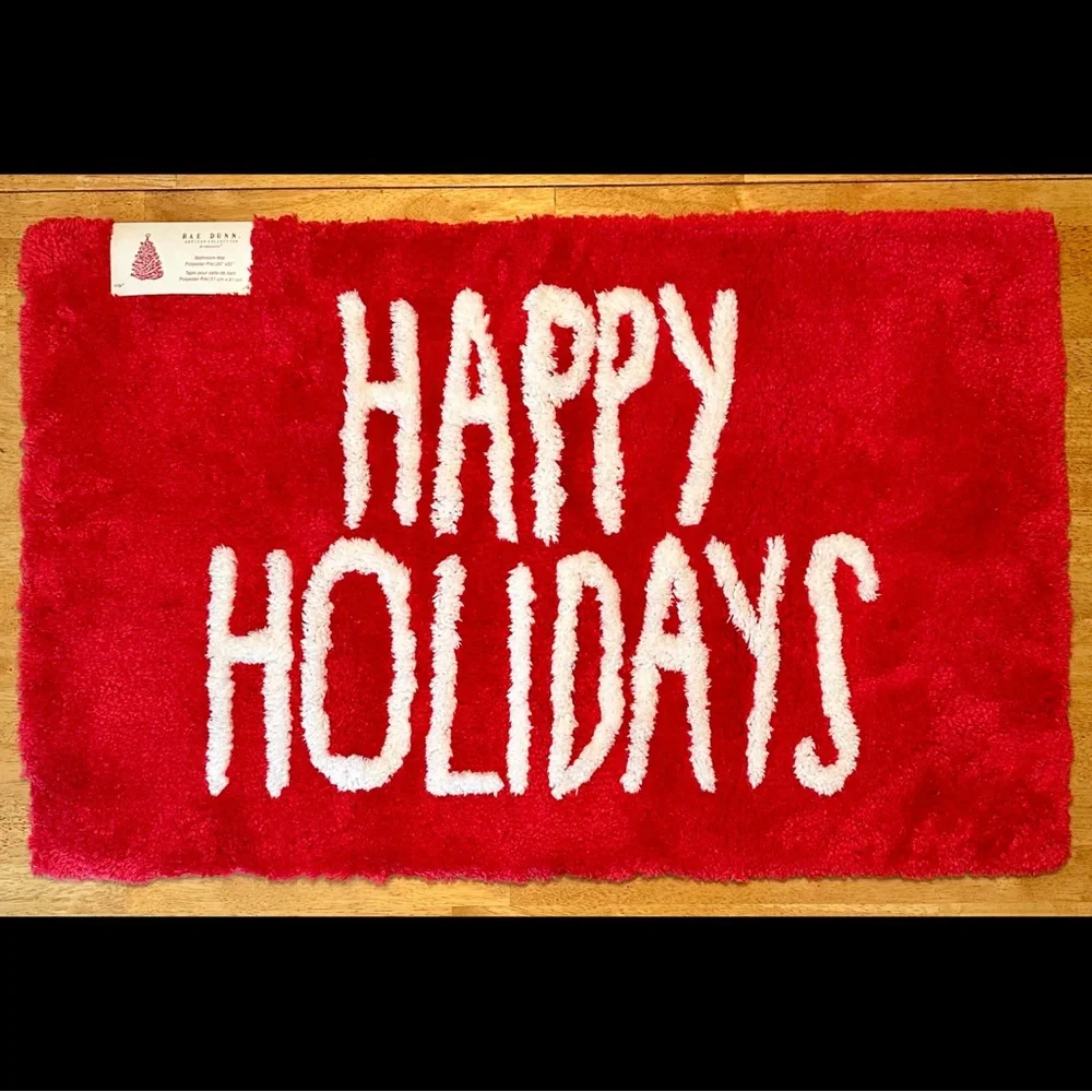 Rae Dunn Red and White HAPPY HOLIDAYS Christmas Bathroom Rug Mat BRAND NEW!
